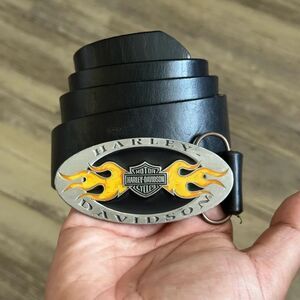 Vintage 90s Harley Davidson Flame Belt Buckle With Black Leather Belt Size 34-42